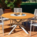 CAPRI – Round teak dining table ø148cm with travertine Lazy Susan